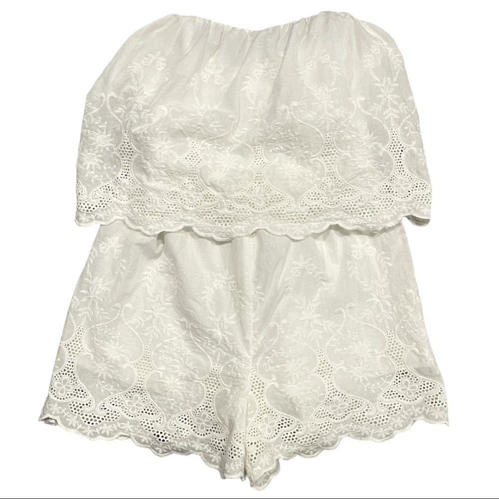 The Impeccable Pig White Eyelet Strapless Romper Sz S